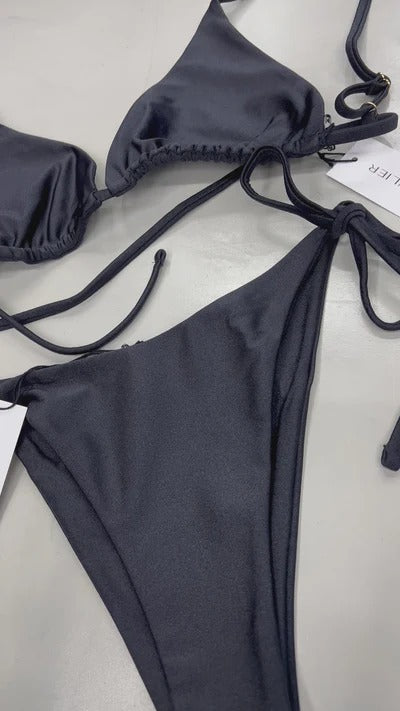 Tie Side High Cut Bikini Bottom Black